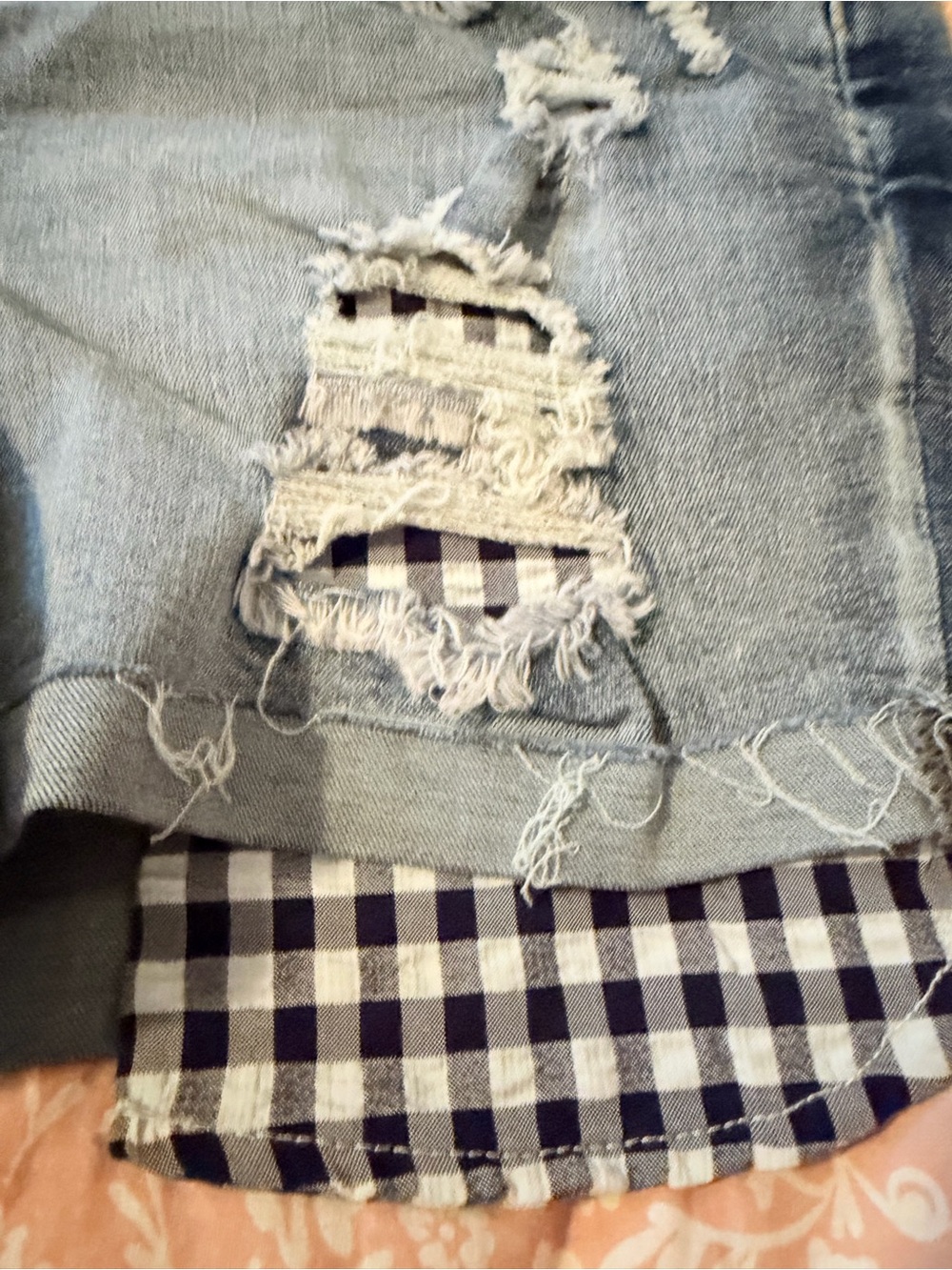 Cato Light Blue Distressed Denim Shorts with Gingham Trim - Picture 4 of 5
